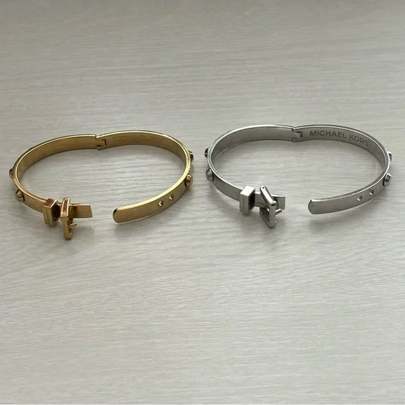 michael kors silver and gold buckle bangles - set of 2 - Picture 2 of 4